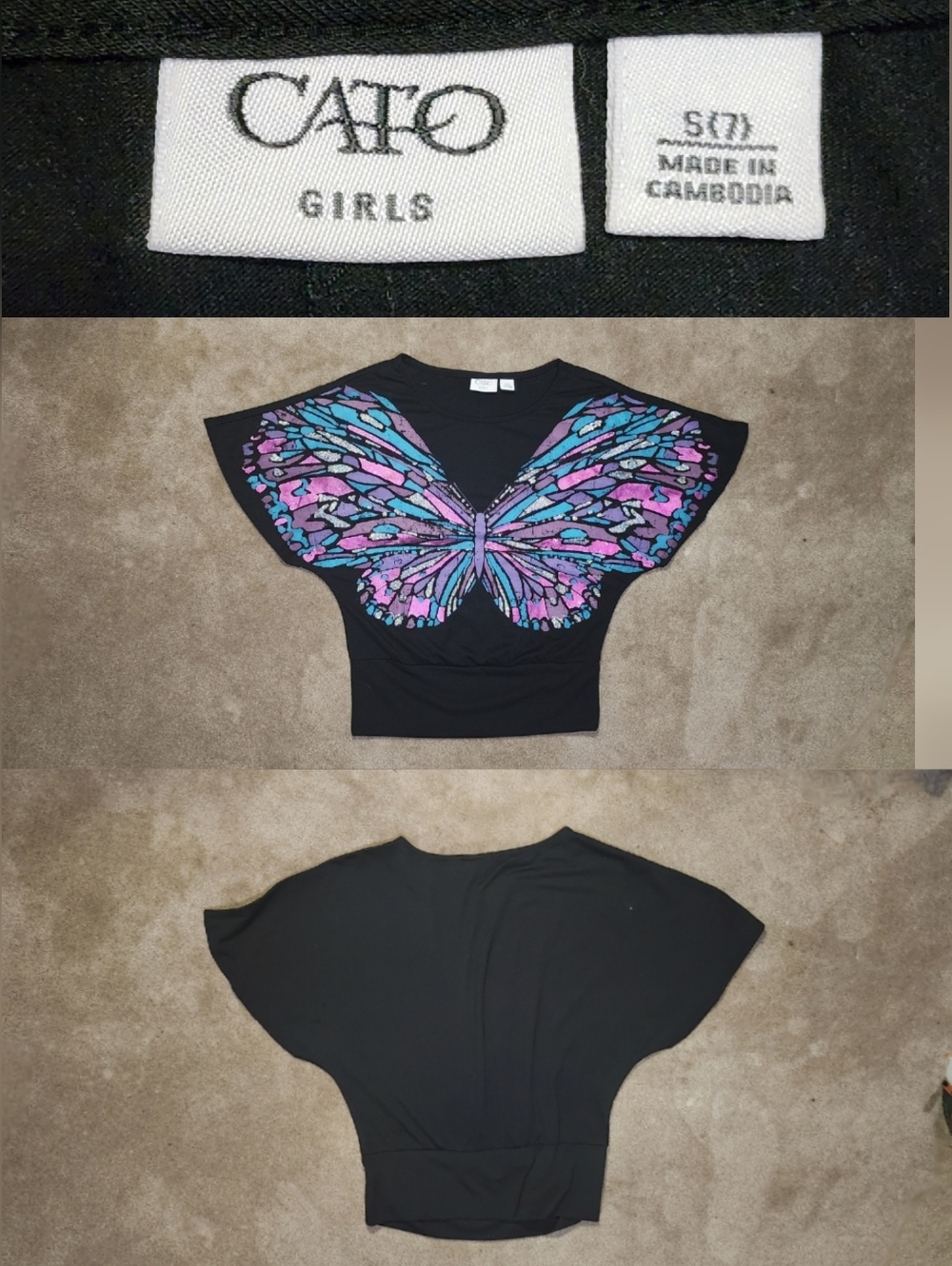 Cato Girls Black Butterfly Wide Sleeve Shirt Sz 7